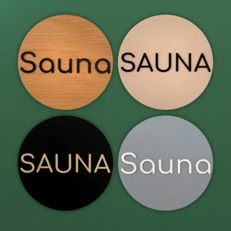 Sauna kyltti pyöreä kustomoitava puinen tammi koivu musta valkoinen koivus